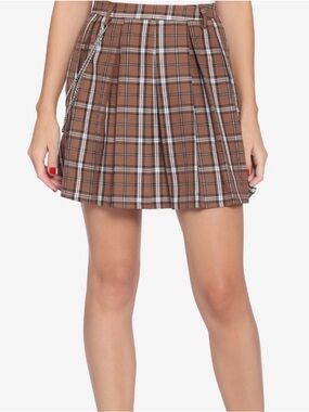 Hot Topic Plaid Mini Skirt Size 4x Brown Pleated Dark Academia Grunge Y2K Preppy